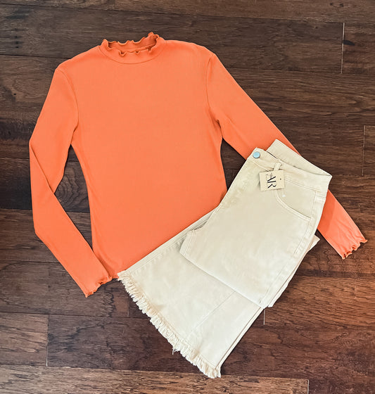 Orange Curl Hem Long-sleeve Top